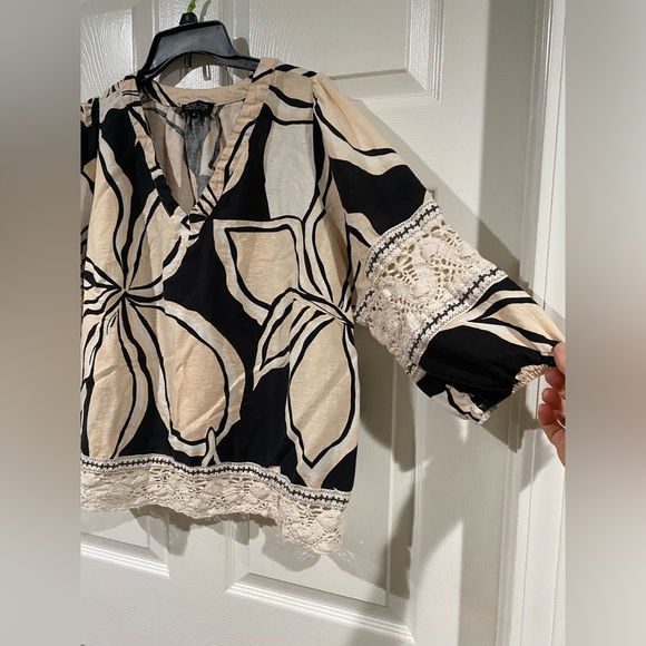 Rachel Zoe Linen Blouse Top Women 1X Black Cream Oversized Puff Sleeve - Picture 3 of 12